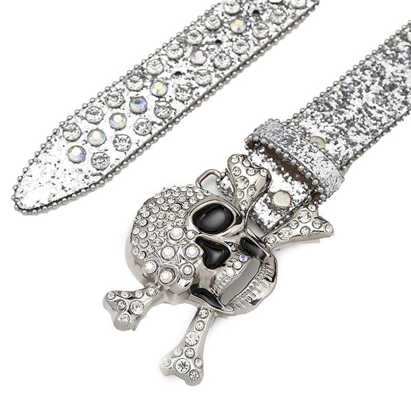 Skull Buckle Silver Shiny Strap With Crystal Studded Rhinestone Belt