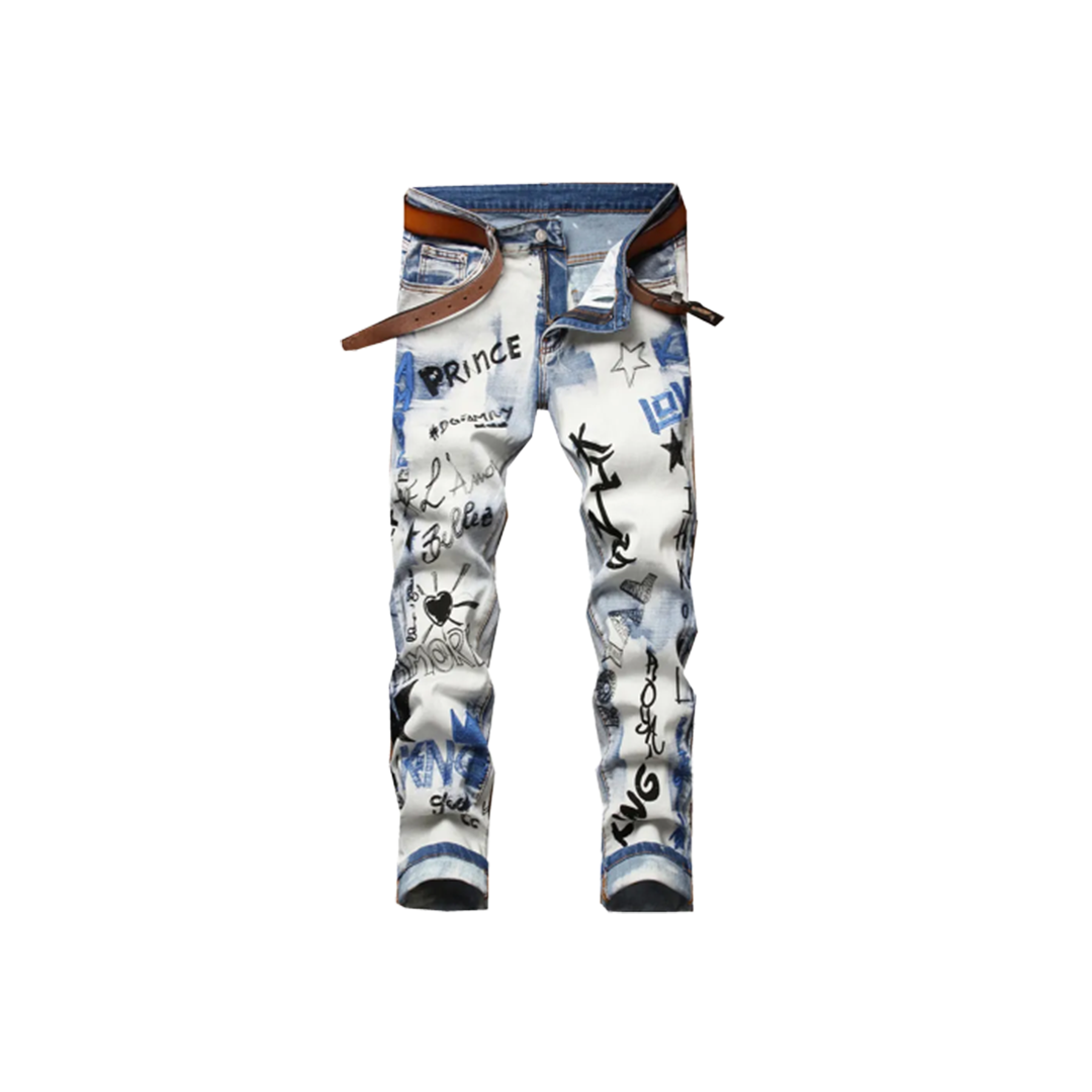 Men's Trendy Letters Embroidery Printed Denim Jeans