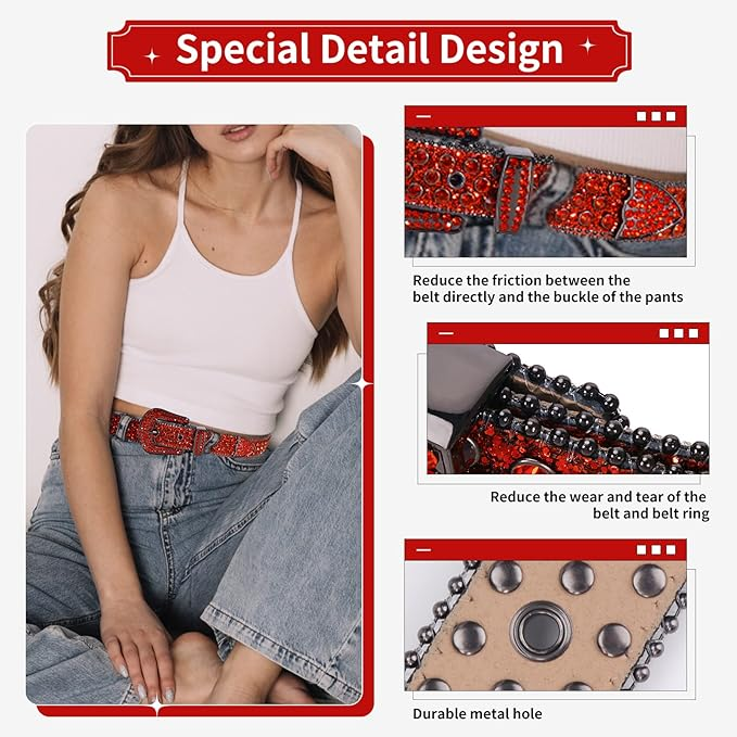 Red Strap With Red Studded Rhinestone BB Belt with Silver Red Buckle