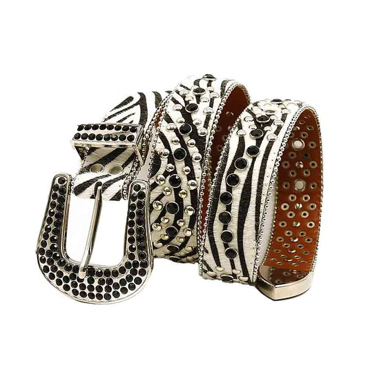 White Printed Strap With Black Studded Rhinestone Belt