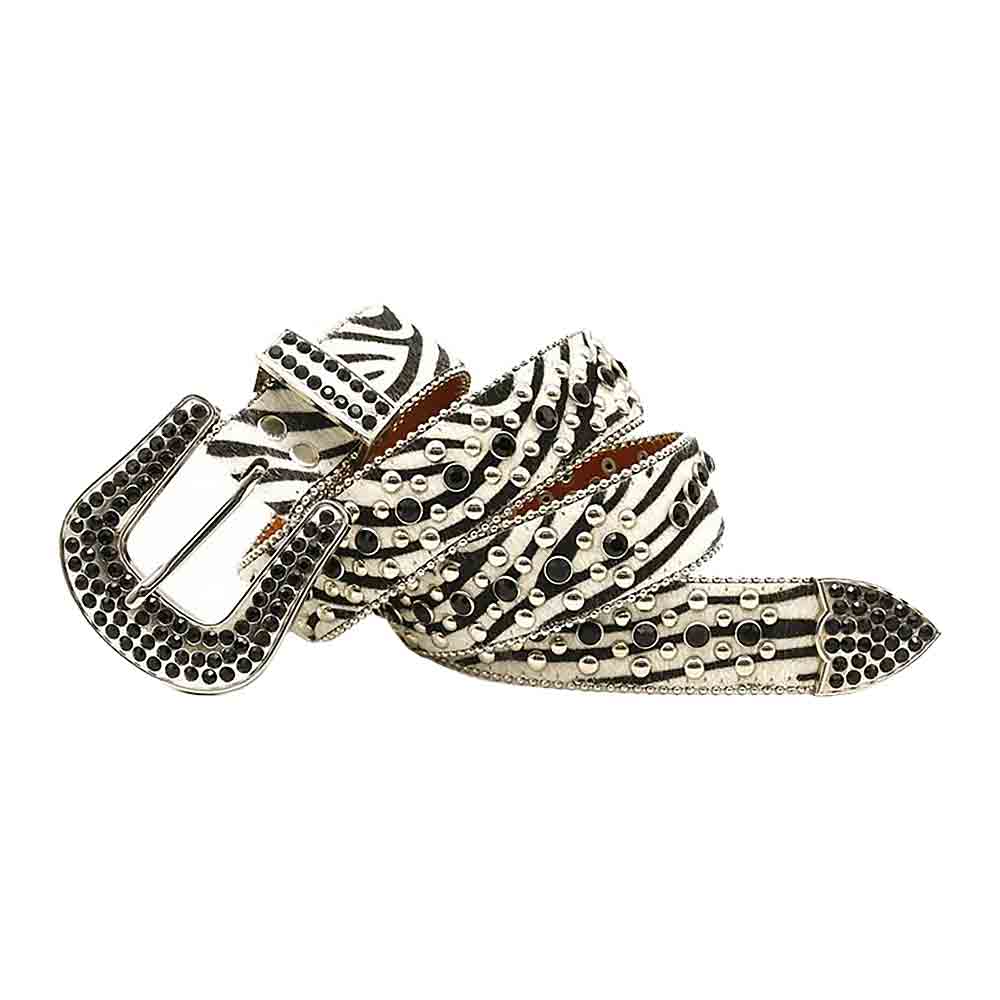 White Printed Strap With Black Studded Rhinestone Belt