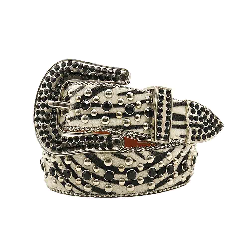 White Printed Strap With Black Studded Rhinestone Belt