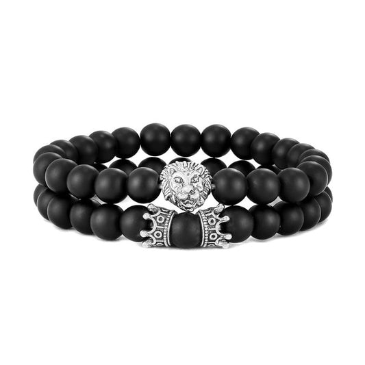 Fashion Crown Charm & Lion Head 8mm Beads Bracelet