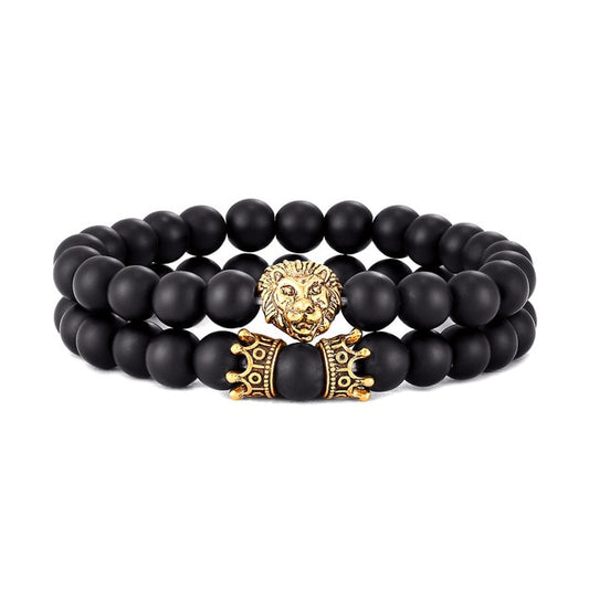 Fashion Crown Charm & Lion Head 8mm Beads Bracelet