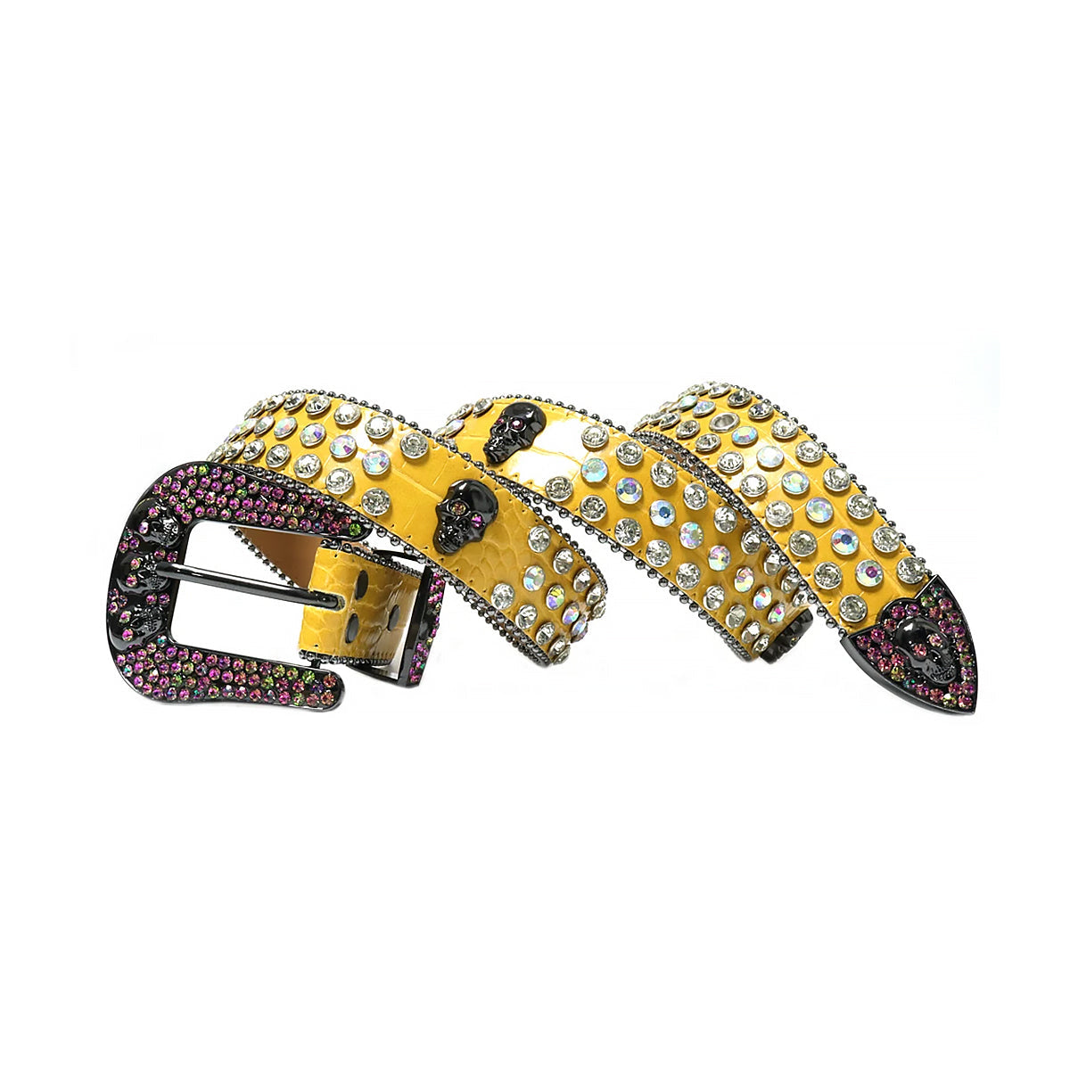 Yellow Strap Skull Buckle With Crystal & Multi Studded Rhinestone Belt