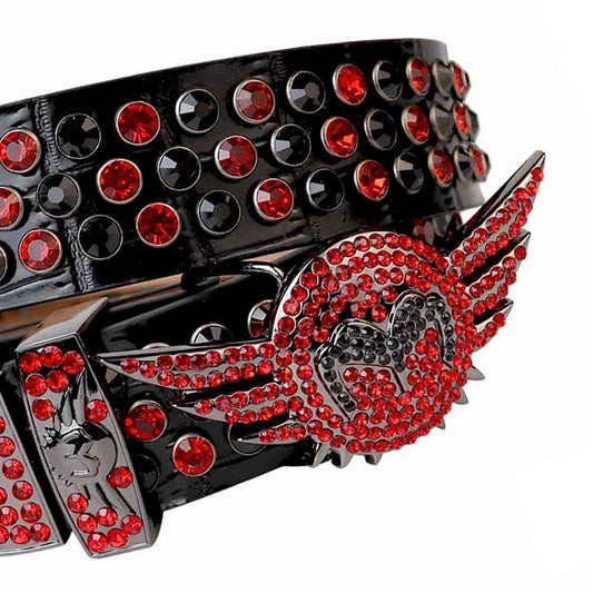 Angel Wing Buckle Black Strap With Black & Red Studded Rhinestone Belt