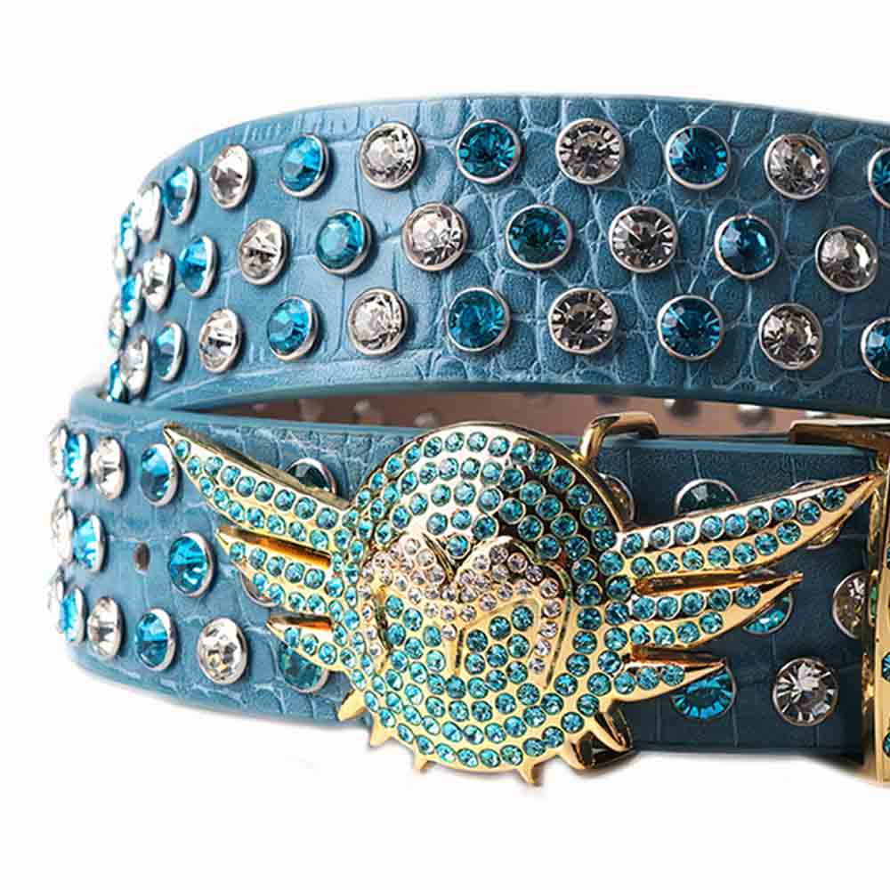Angel Wings Buckle, Cyan Strap With Cyan & Transparent Studded Rhinestone Belt