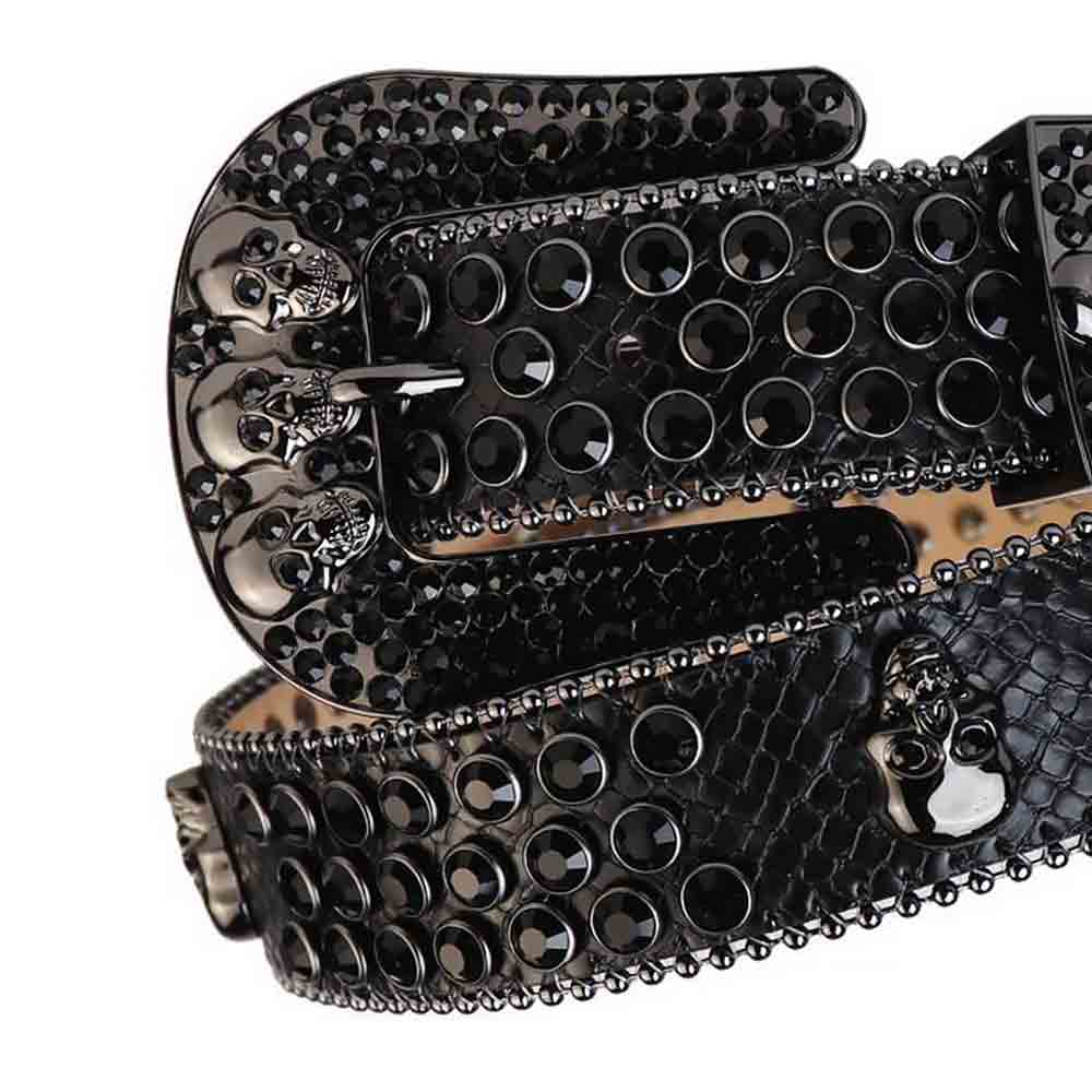 Black Leather Belt And Black Buckle Studded with Black Rhinestones