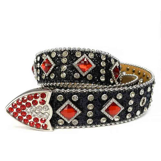 Black Strap With Big Red & Transparent Studded Rhinestone Belt