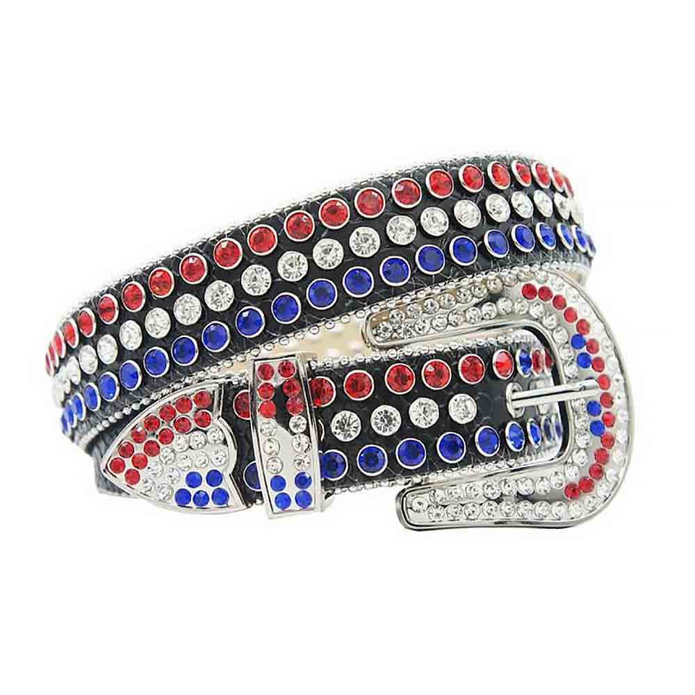 Black Strap With Blue, Red & White Studded Rhinestone Belt