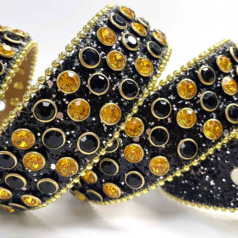 Black Strap With Gold & Black Studded Rhinestone Belt