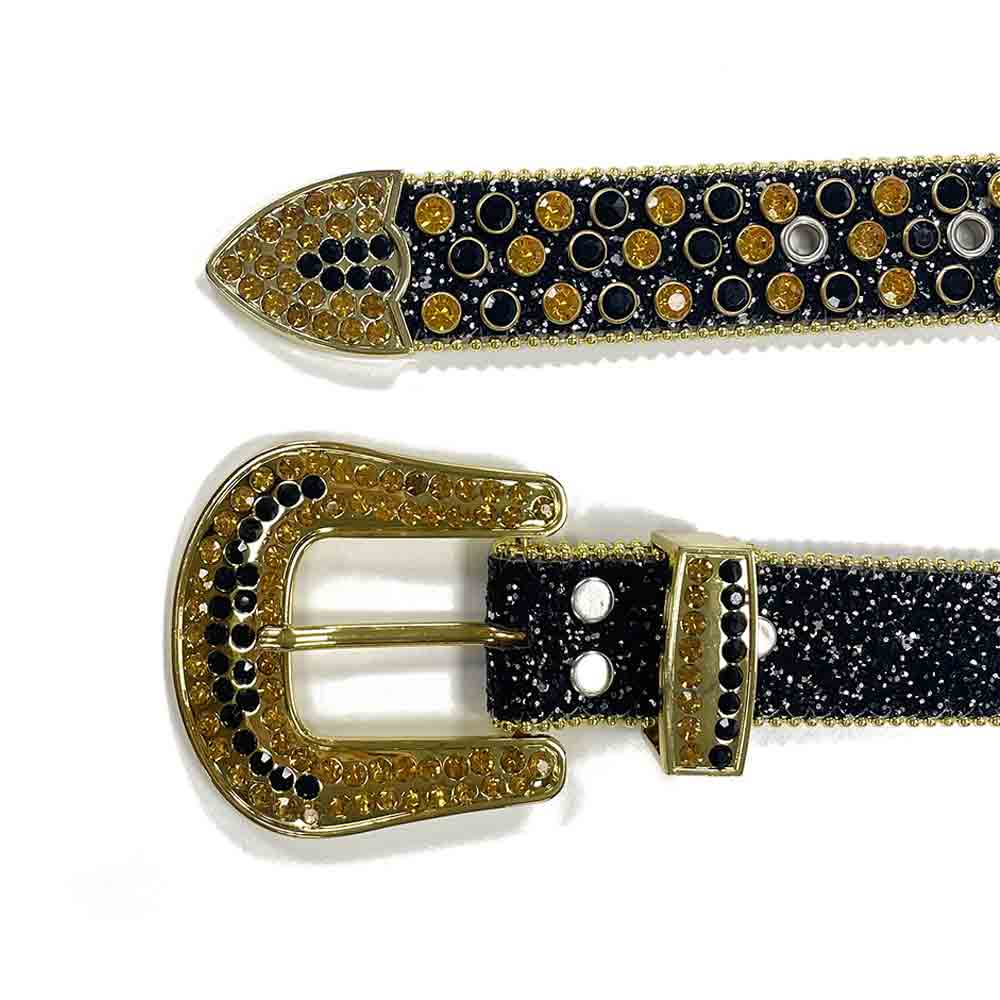 Black Strap With Gold & Black Studded Rhinestone Belt