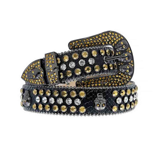 Black Strap With Gold & White Studded Rhinestone Belt