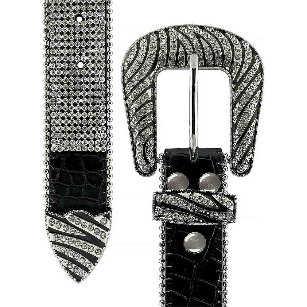 Black With Design White Stones Studded Rhinestones Belts