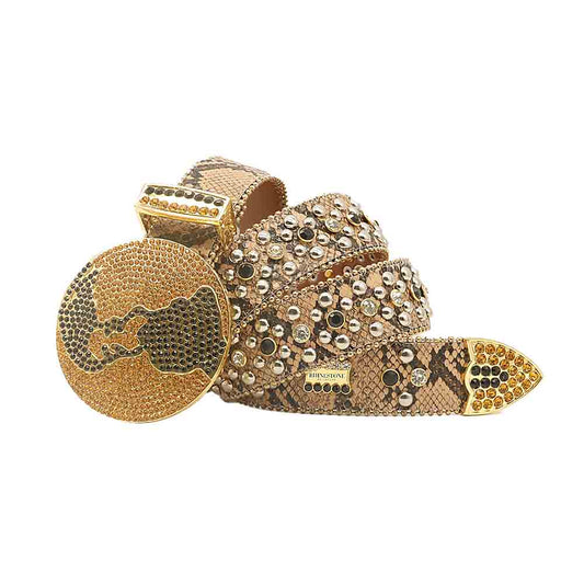 Globe Buckle Gold Strap With Black & Gold Studded Rhinestone Belt