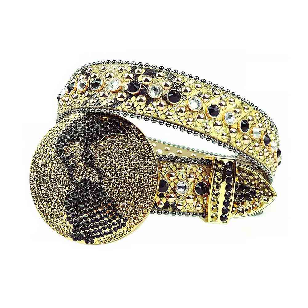 Globe Rhinestone Gold Belt And Black, Gold & Transparent stones Big Globe Gold Buckle studded With Black & Gold Rhinestones