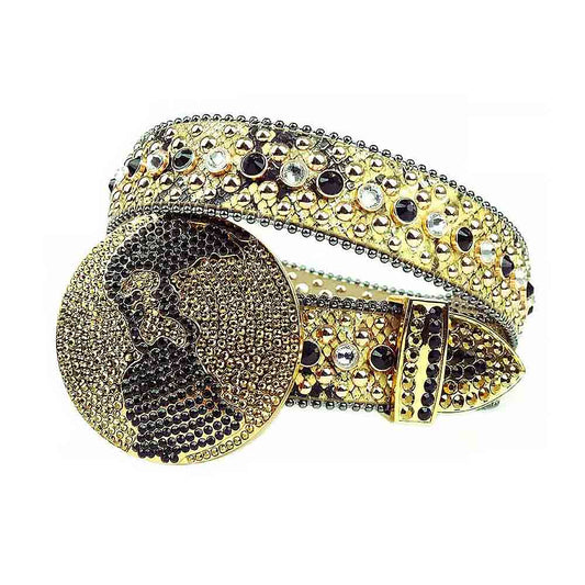 Globe Rhinestone Gold Belt And Black, Gold & Transparent stones Big Globe Gold Buckle studded With Black & Gold Rhinestones