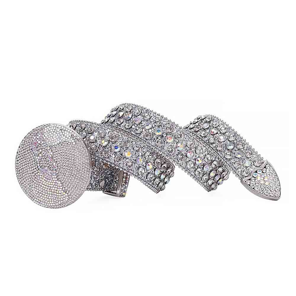 Globe Style World Buckle Silver White Strap With White & Multi Studded Rhinestone Belt