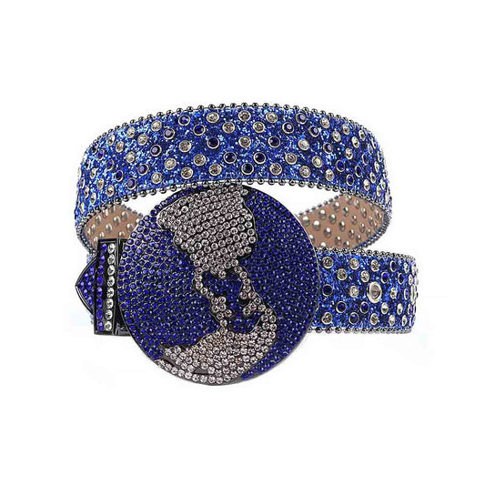 Globe Buckle Rhinestones Leather Belt Blue With Circle Shape Blue And White Stones