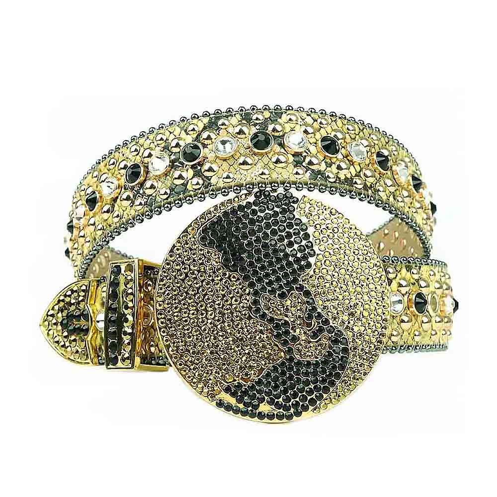 Globe Rhinestone Gold Belt And Black, Gold & Transparent stones Big Globe Gold Buckle studded With Black & Gold Rhinestones