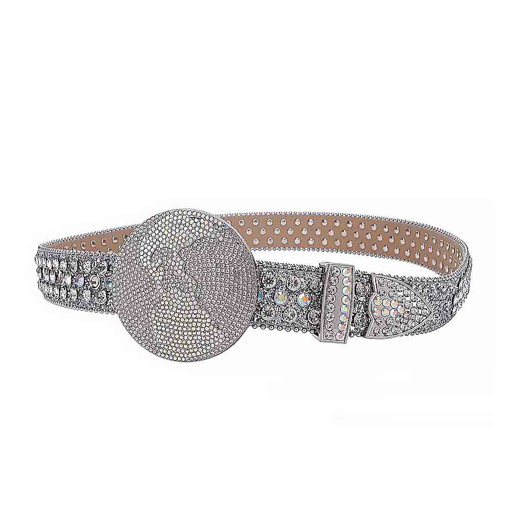 Globe Style World Buckle Silver White Strap With White & Multi Studded Rhinestone Belt