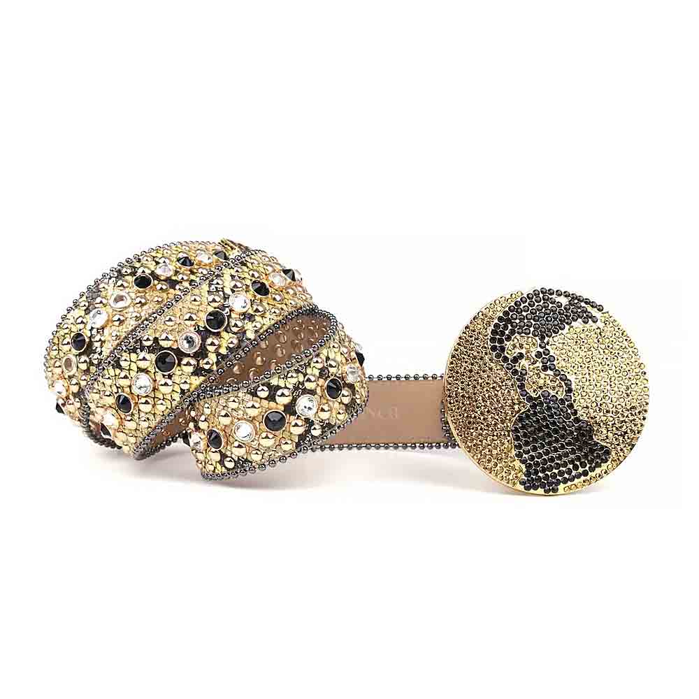 Gold Strap With Black, Gold & Transparent Studded Rhinestone Belt