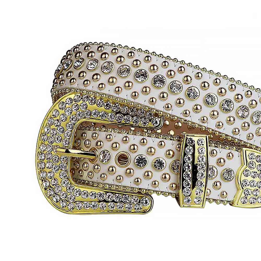 Rhinestones White Leather Belt With Gold Buckle & Crystal Stones Studs