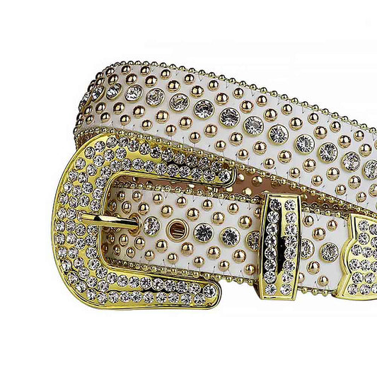 Rhinestones White Leather Belt With Gold Buckle & Crystal Stones Studs