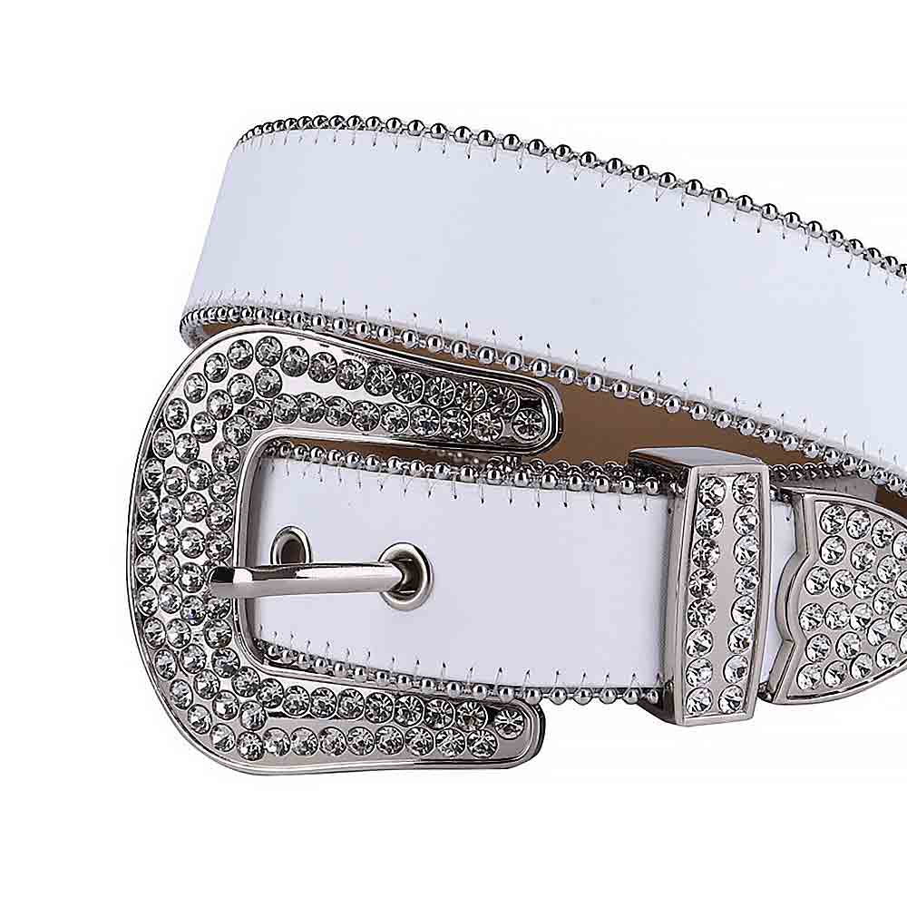 Rhinestones Leather Belt White Leather With White Stones