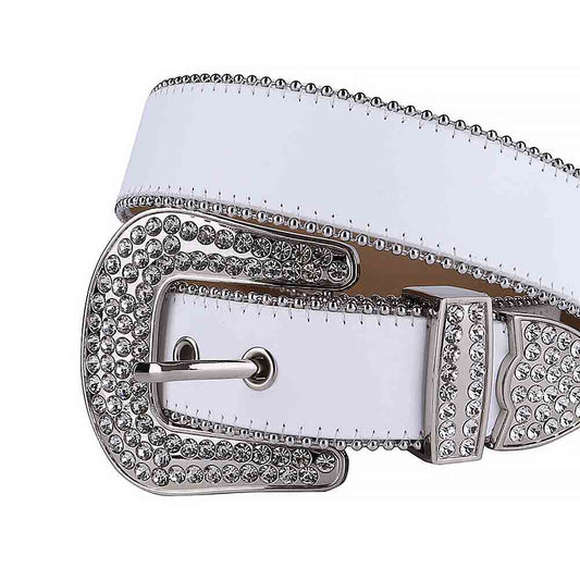 Rhinestones Leather Belt White Leather With White Stones