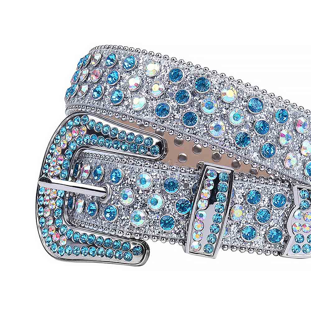 Rhinestones Leather Belts Silver Glitter With Multi And Blue Stones