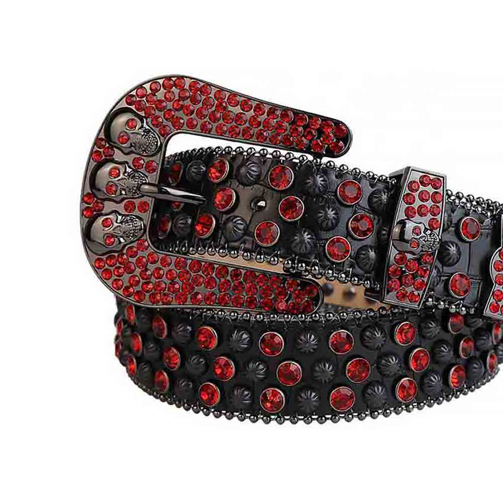 Black Strap With Red Studded Rhinestone Belt with 3 Skulls Black Red Buckle