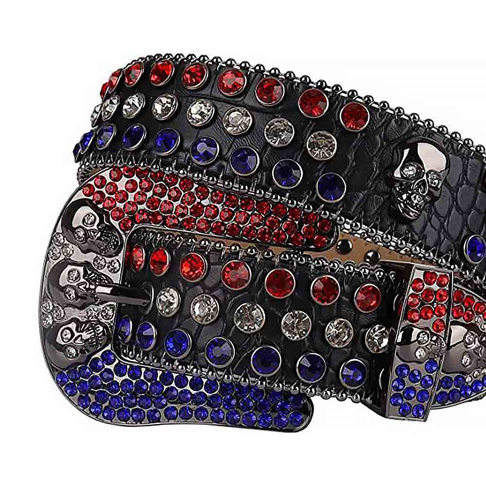 Rhinestones Leather Belts   Black Skull With Red White And Blue Stones