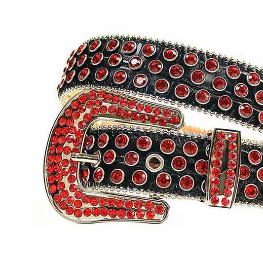 Black Strap With Red Studded Rhinestone Belt with Gold Red Buckle
