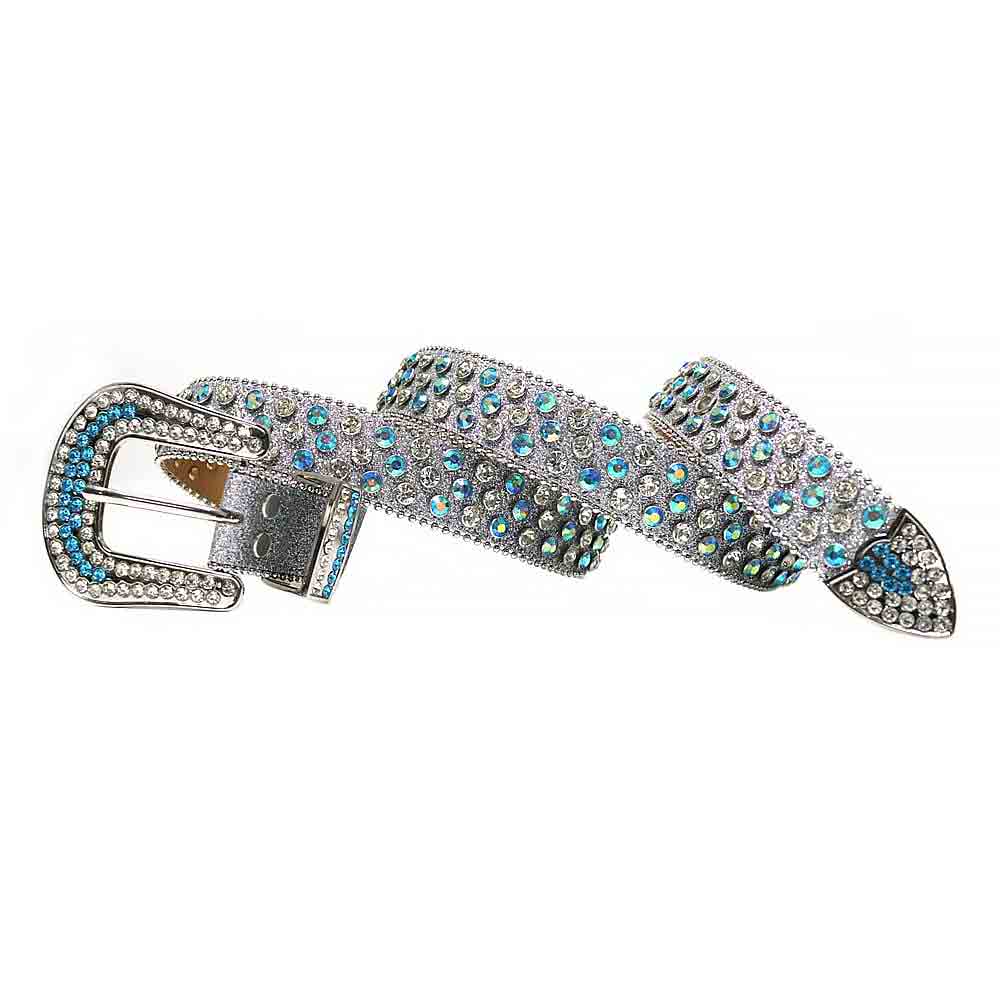 Rhinestones Leather Belt Gray Glitter with Blue
