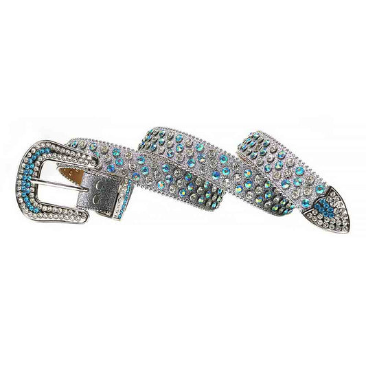 Rhinestones Leather Belt Gray Glitter with Blue