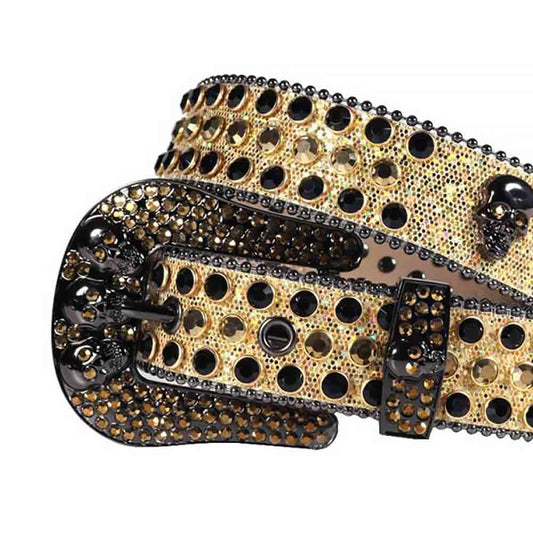 Rhinestones Glitter Gold Leather Strap Skull Buckle Belts With Black And Gold Stones