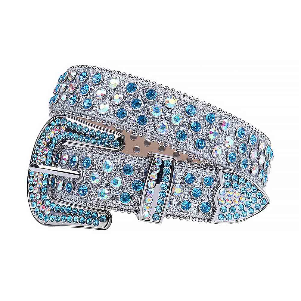Rhinestones Leather Belts Silver Glitter With Multi And Blue Stones