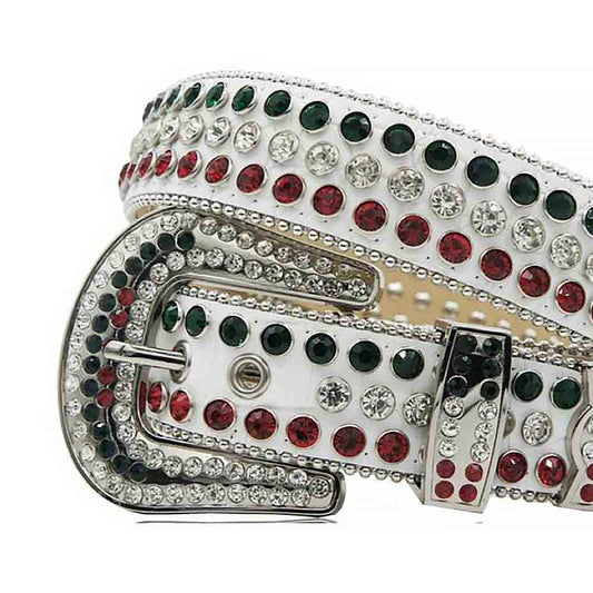 Rhinestones Leather Belt White Green with Red