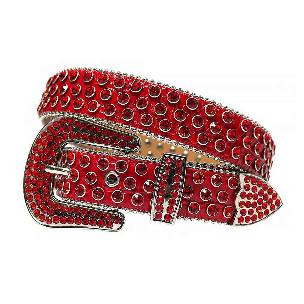 Red Strap with Red Studded Rhinestone Bb Belt with Silver Red Buckle Red / 9XL-Waist 52-54 Inches