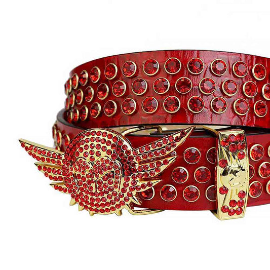 Red Strap With Red Studded Rhinestone Belt with Shiny Gold Angel Wings Red Buckle