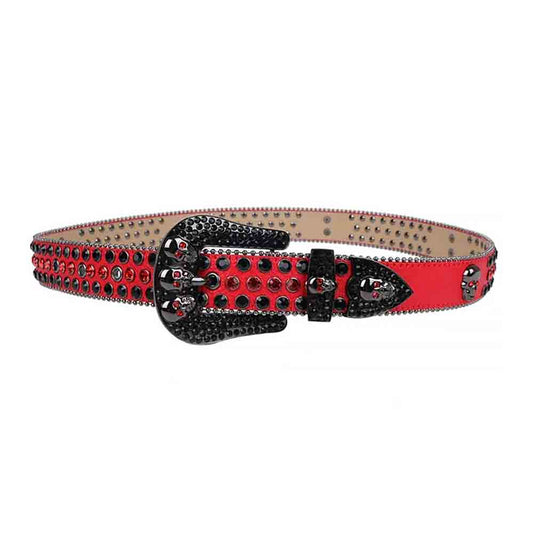 Red Strap With 7 Skulls Red & Black Studded Rhinestone Belt
