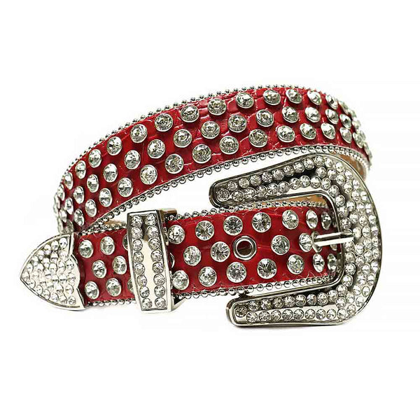 Red Strap with Red Studded Rhinestone Bb Belt with Silver Red Buckle Red / 9XL-Waist 52-54 Inches