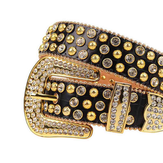 Rhinestone Black belt and White Crystal Diamonds with Gold Buckle Studded with White Crystal Diamonds Rhinestones