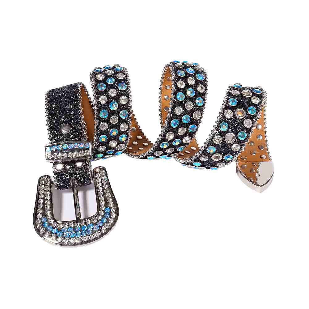 Rhinestone Black belt and white Crystal and Blue Crystal Multicolour Diamonds with Silver Buckle Studded with white Crystal Diamonds Blue Crystal Multicolor Diamonds Rhinestones