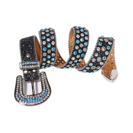Rhinestone Black belt and white Crystal and Blue Crystal Multicolour Diamonds with Silver Buckle Studded with white Crystal Diamonds Blue Crystal Multicolor Diamonds Rhinestones