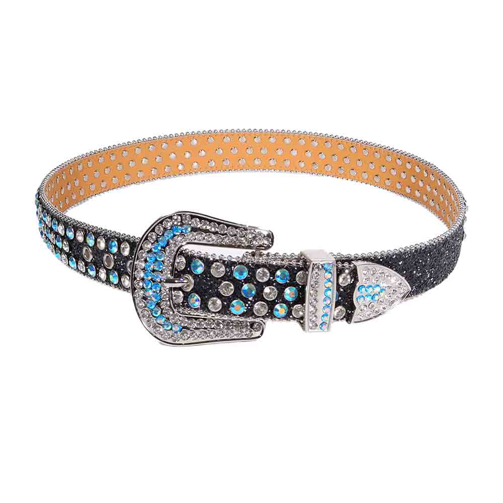 Rhinestone Black belt and white Crystal and Blue Crystal Multicolour Diamonds with Silver Buckle Studded with white Crystal Diamonds Blue Crystal Multicolor Diamonds Rhinestones