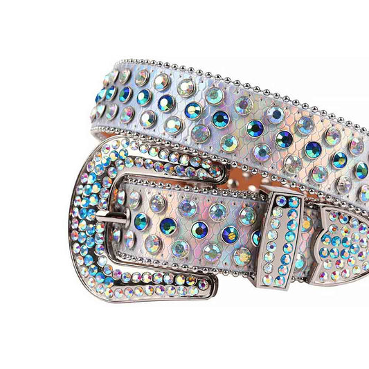 Rhinestone Muti colour Belt with White Blue Crystal Multicolour Diamonds and Silver Buckle Studded with White Blue Crystal Multicolor Diamonds Rhinestones