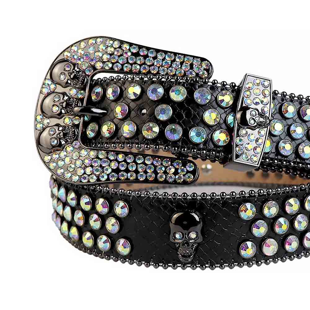 Rhinestone Black Belt And Multi Colour stones Black Skulls Buckle studded With Multi Color Rhinestones