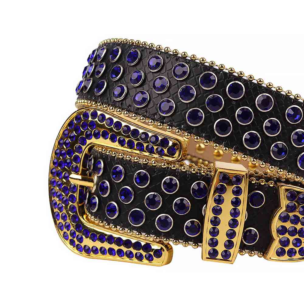 Rhinestone Black belt and Blue Crystal Diamonds with Gold Buckle Studded with Blue Crystal Diamonds Rhinestones
